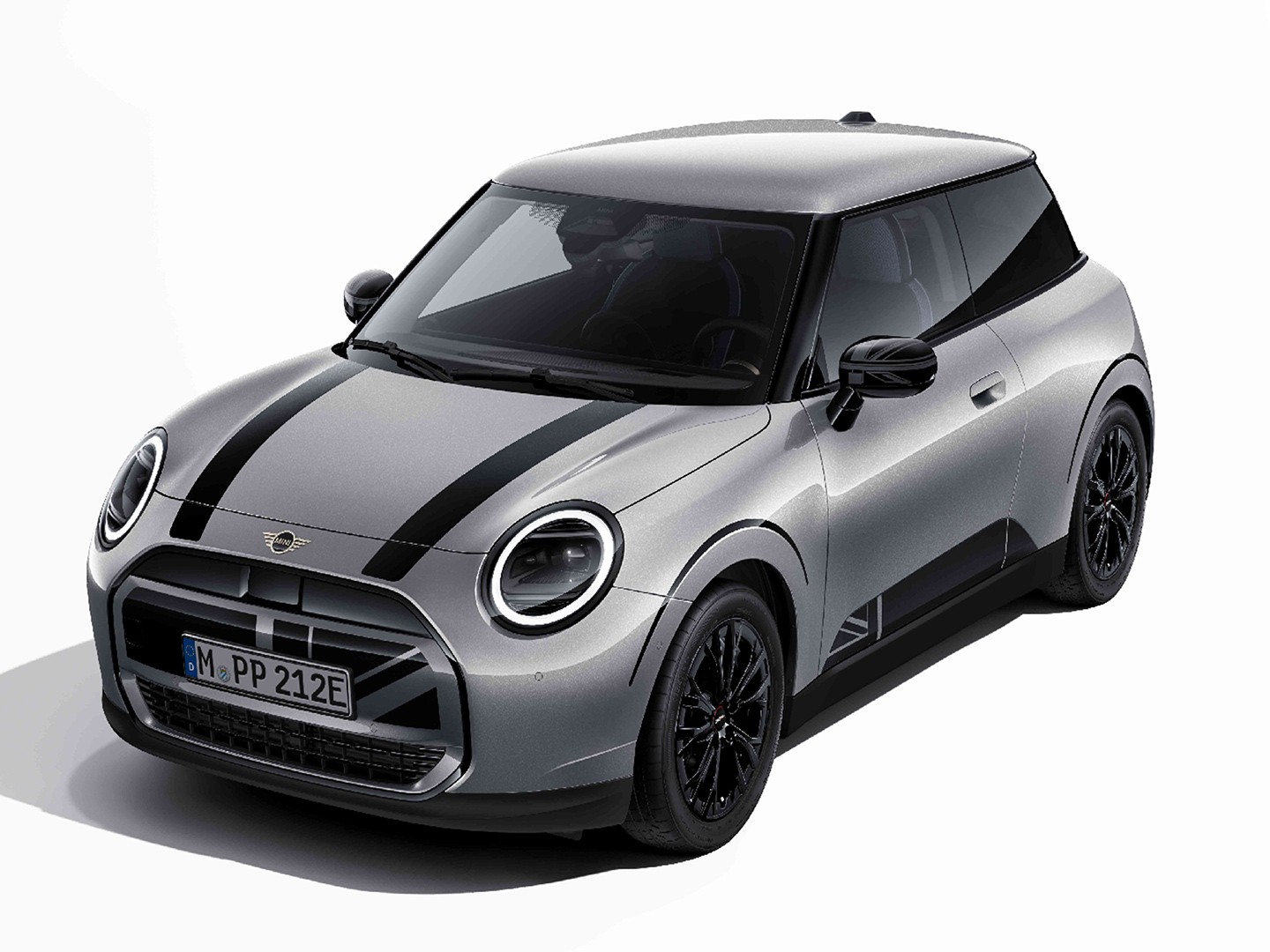 Overhead shot of MINI Convertible in Nanuq White with MINI Heritage bonnet decals in black. 